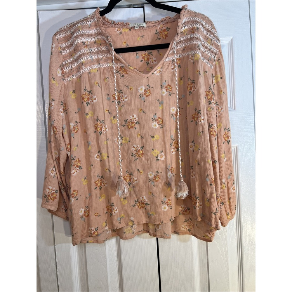 Kate & Sam‎ Top Woman's Size XL Peach Floral Print Long Sleeve Blouse